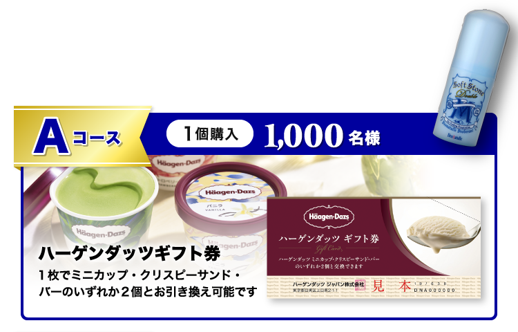 Aコース1,000名様ハーゲンダッツギフト券１枚でミニカップ・クリスピーサンド・バーのいずれか２個とお引き換え可能です